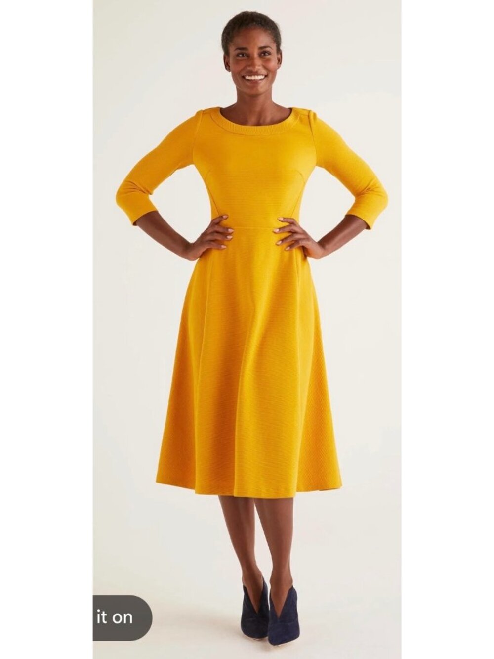BODEN Maisy Ottoman Midi Dress 12 Mustard Boat Neck Fit Flare Modest Pleated